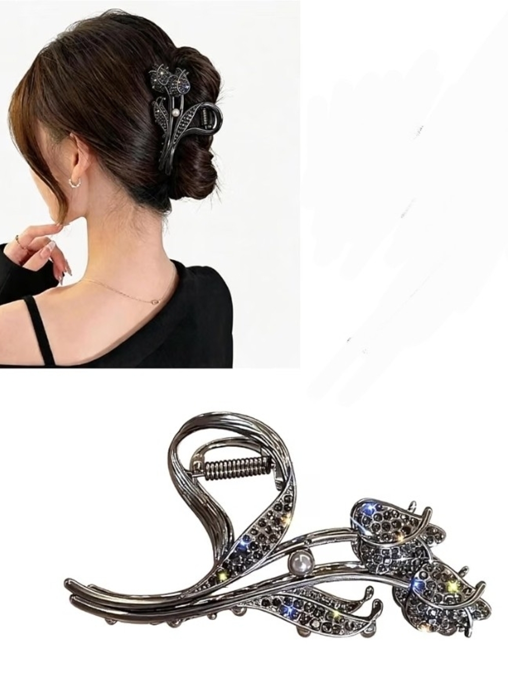 Gunmetal Hair Claw Clip Featuring An Elegant Tulip Embellished With Rhinestones